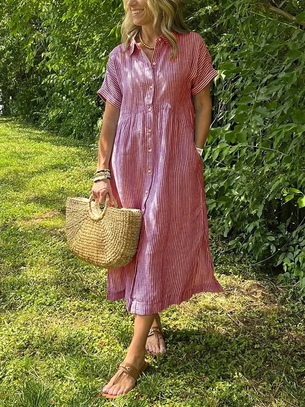 Brinley | Women's Striped Button Up Collar Dress with Pockets