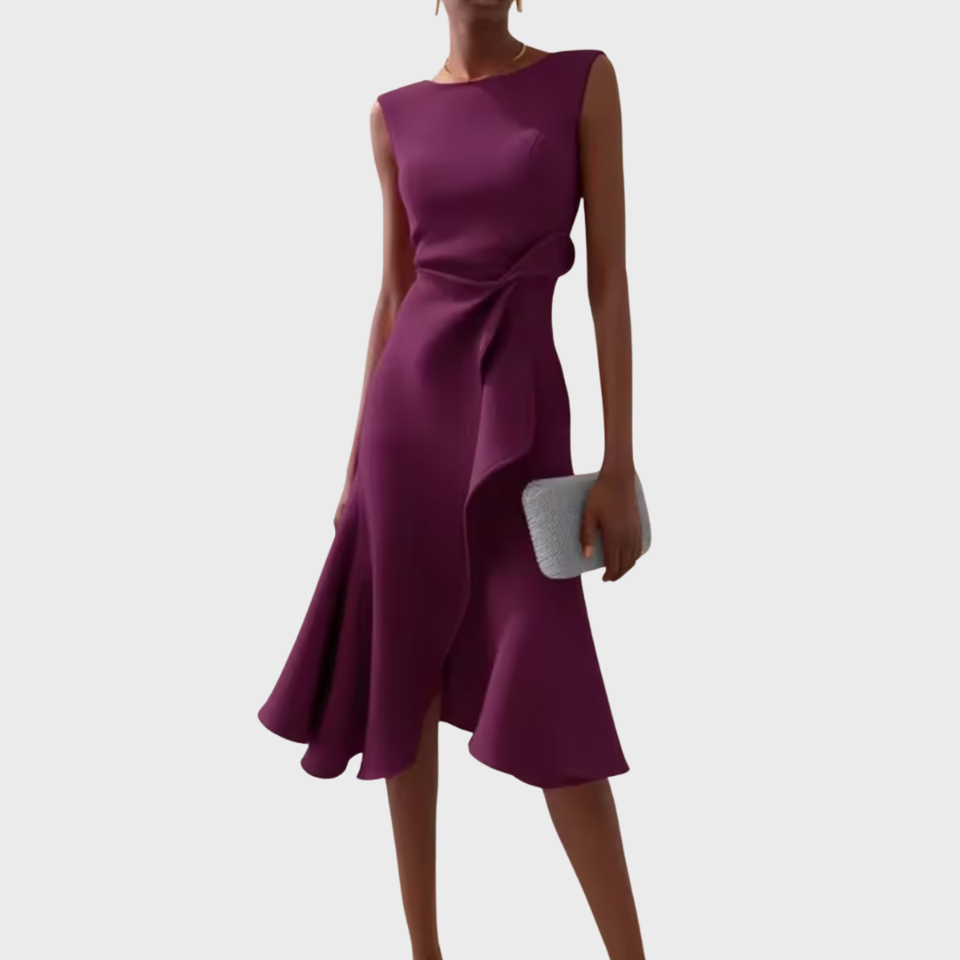 Sheila | Women’s Draped Asymmetric Sleeveless Midi Dress with Ruffle Detail