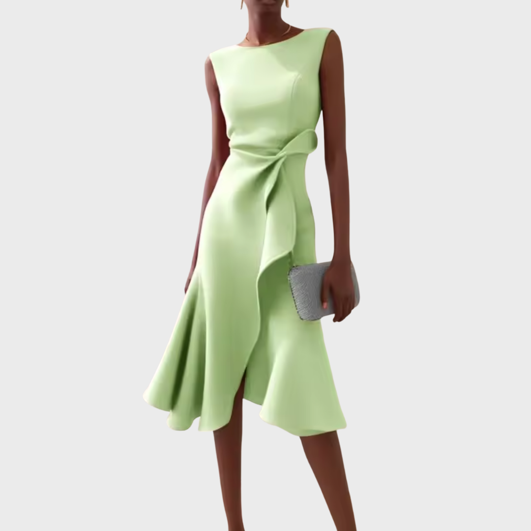 Sheila | Women’s Draped Asymmetric Sleeveless Midi Dress with Ruffle Detail
