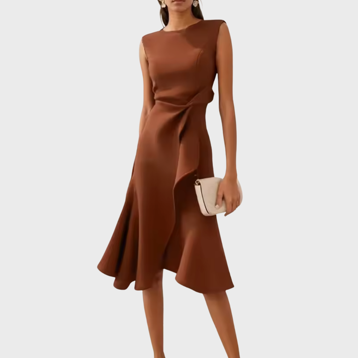 Sheila | Women’s Draped Asymmetric Sleeveless Midi Dress with Ruffle Detail