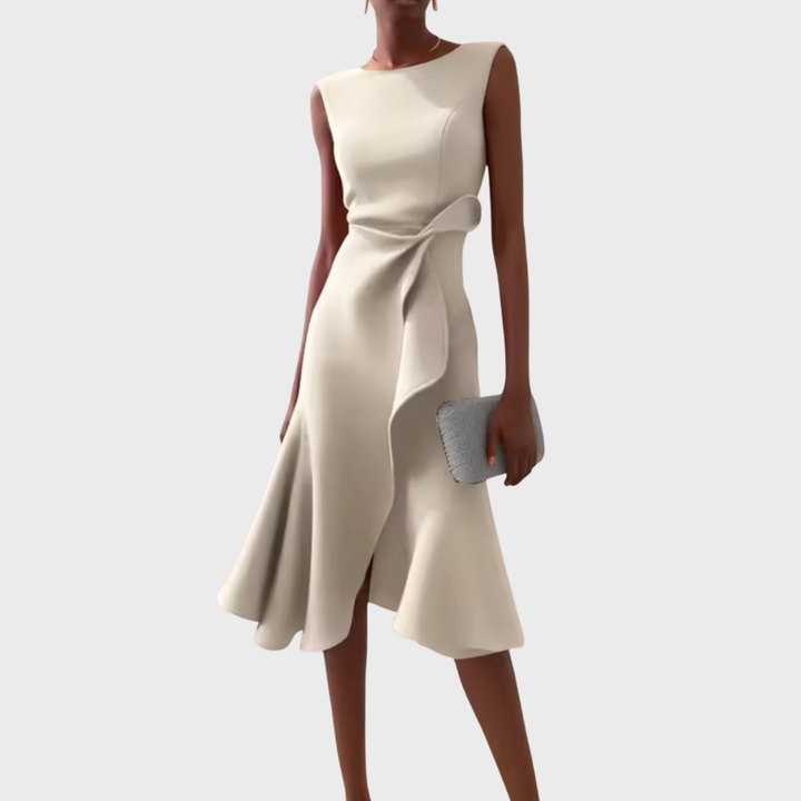 Sheila | Women’s Draped Asymmetric Sleeveless Midi Dress with Ruffle Detail