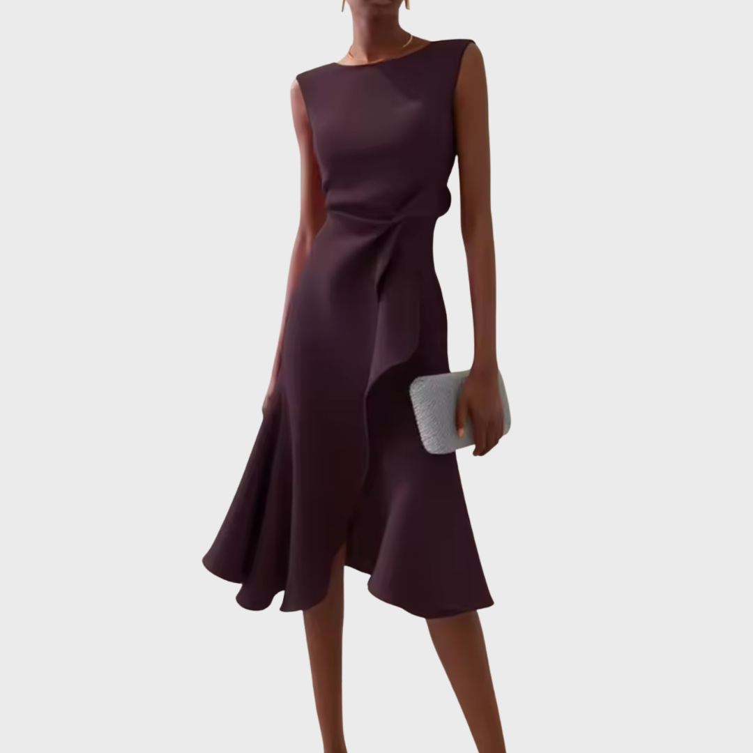 Sheila | Women’s Draped Asymmetric Sleeveless Midi Dress with Ruffle Detail