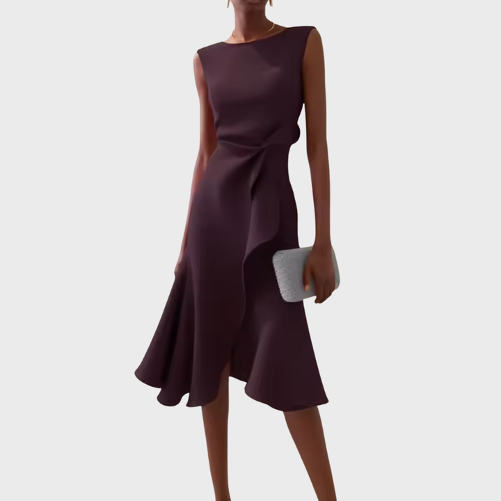 Sheila | Women’s Draped Asymmetric Sleeveless Midi Dress with Ruffle Detail