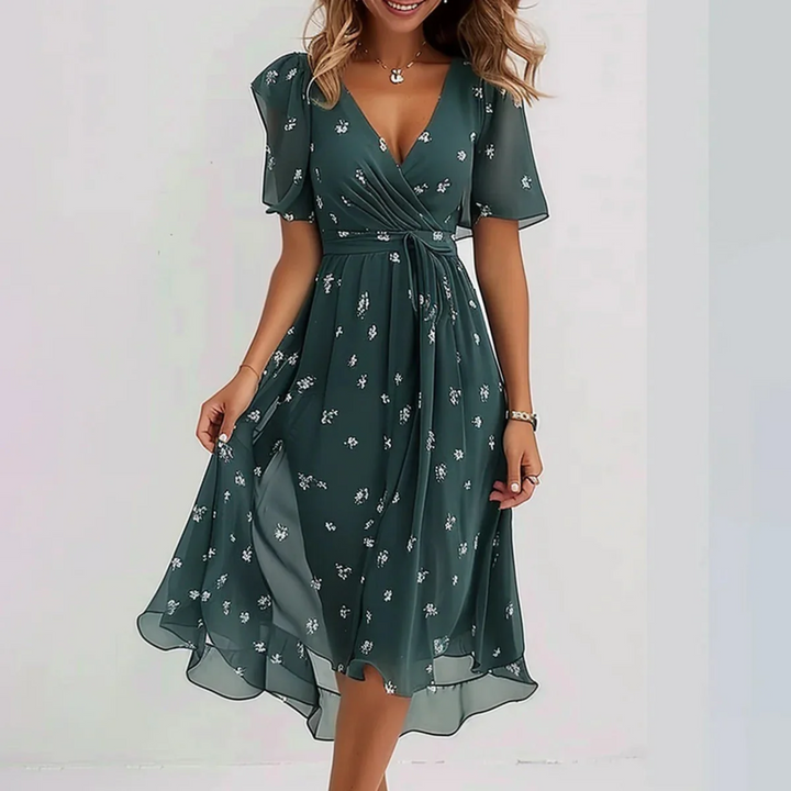 Tavira | Women's Floral Wrap Midi Dress with Tie Belt and Short Sleeve