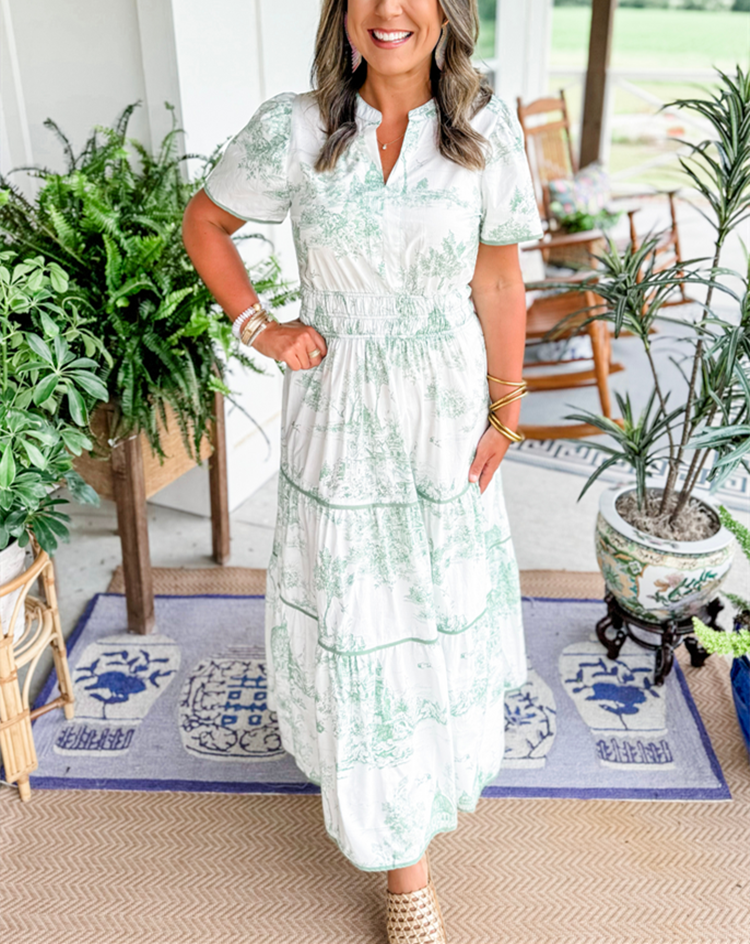Toulise | Women's Toile Print Maxi Dress with Short Sleeve