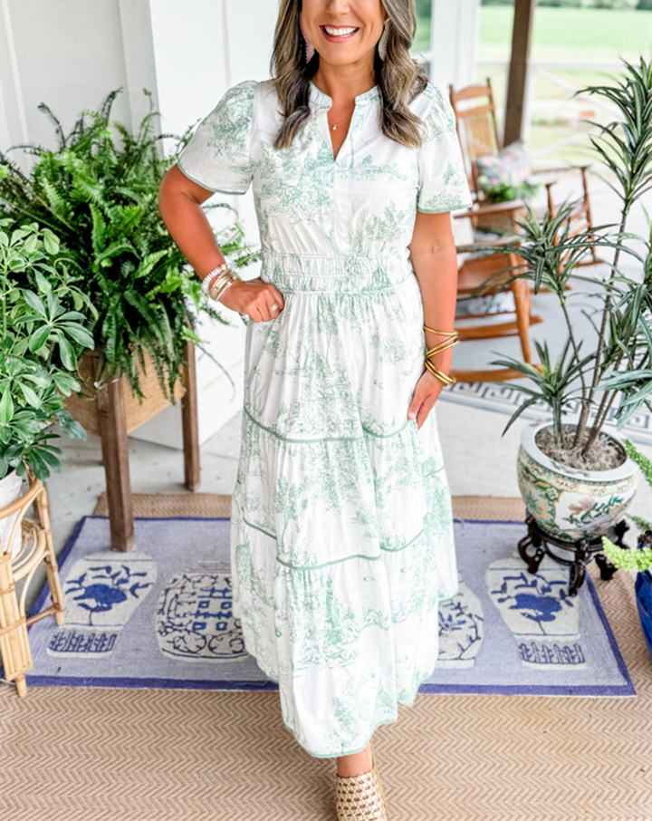 Toulise | Women's Toile Print Maxi Dress with Short Sleeve