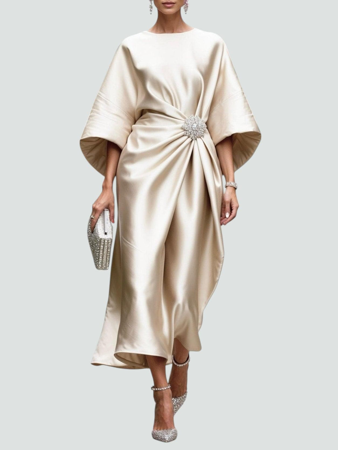 Arianne | Women's Elegant  Draped Satin Dress with Brooch Detail