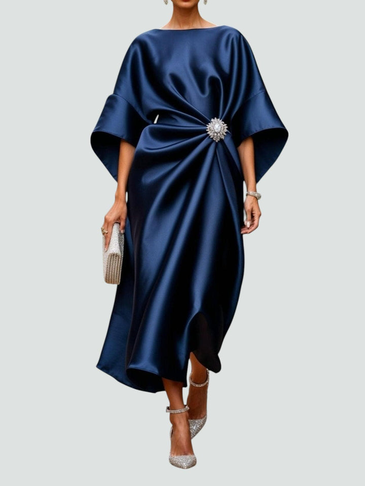 Arianne | Women's Elegant  Draped Satin Dress with Brooch Detail