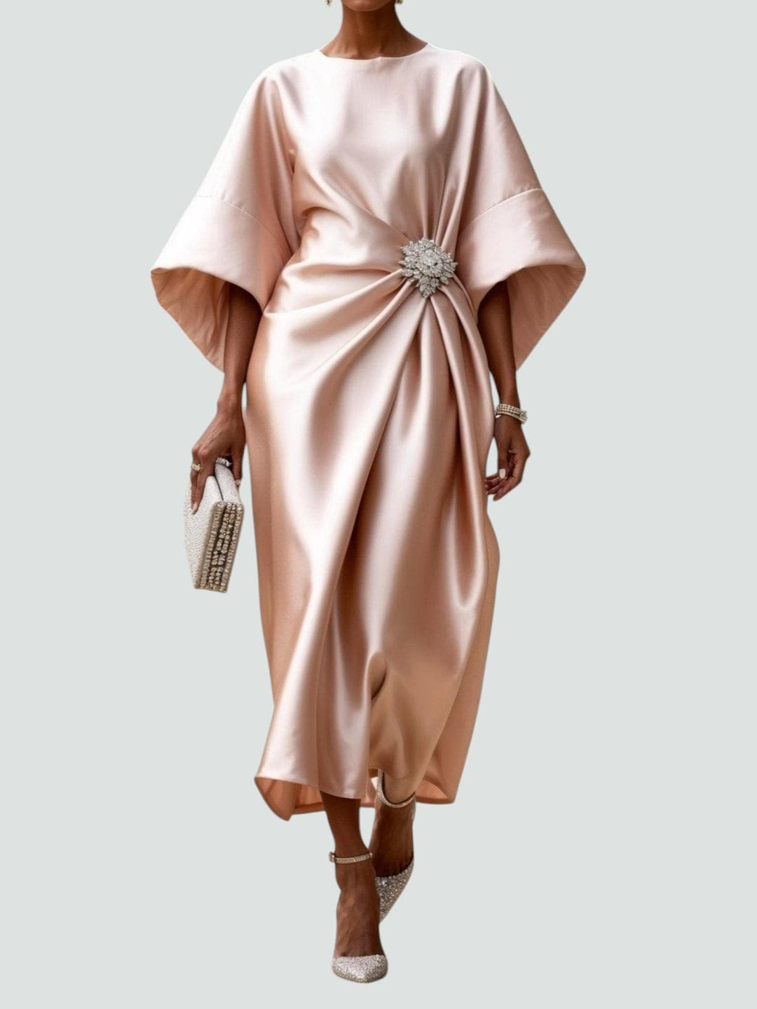 Arianne | Women's Elegant  Draped Satin Dress with Brooch Detail