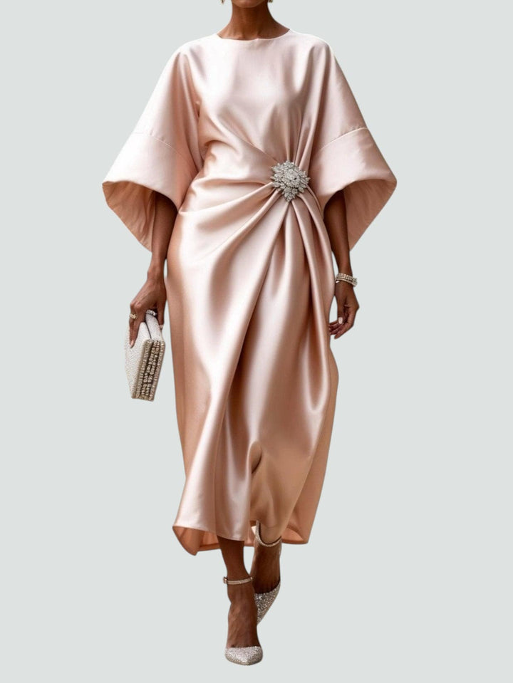 Arianne | Women's Elegant  Draped Satin Dress with Brooch Detail