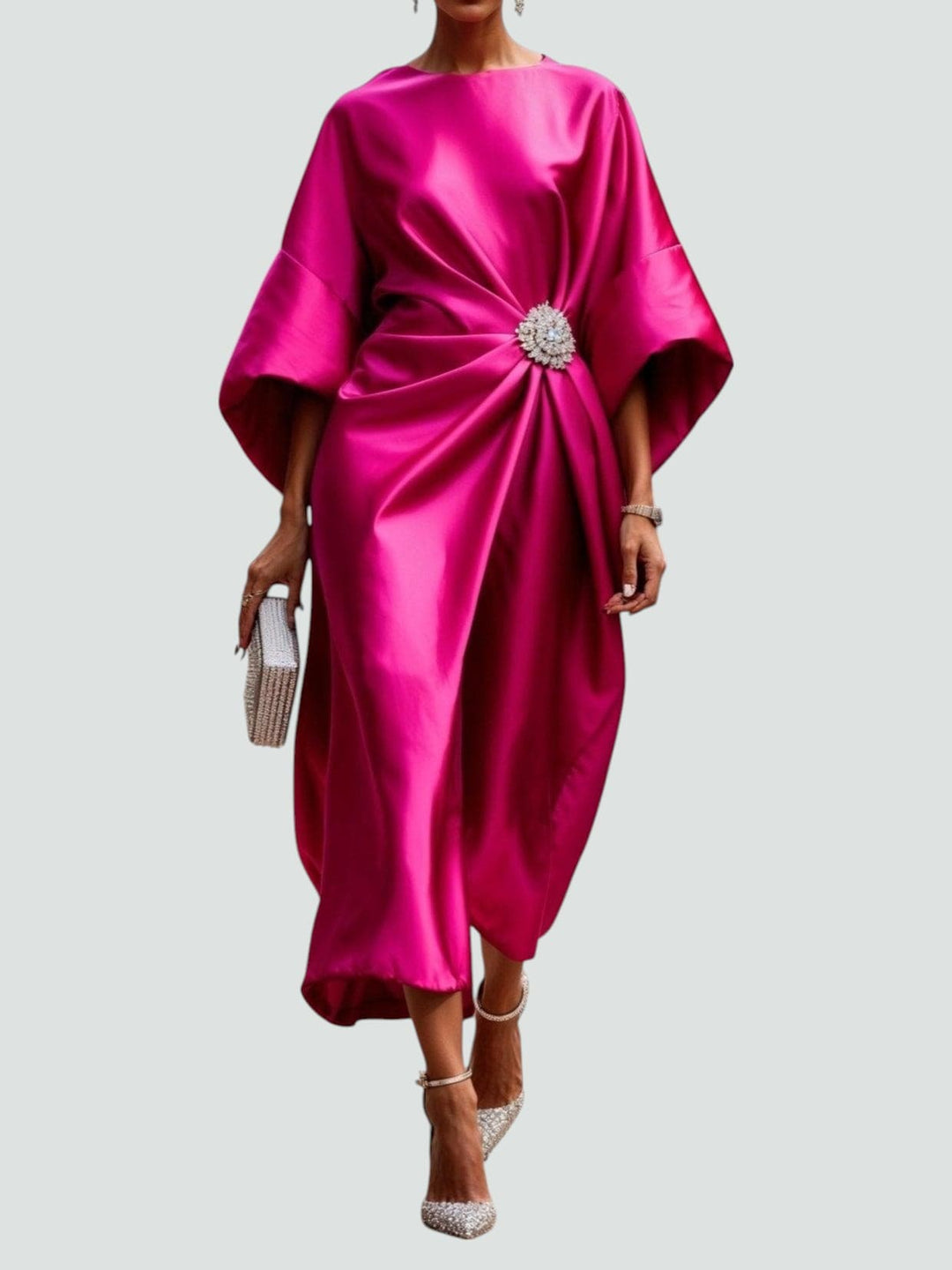 Arianne | Women's Elegant  Draped Satin Dress with Brooch Detail
