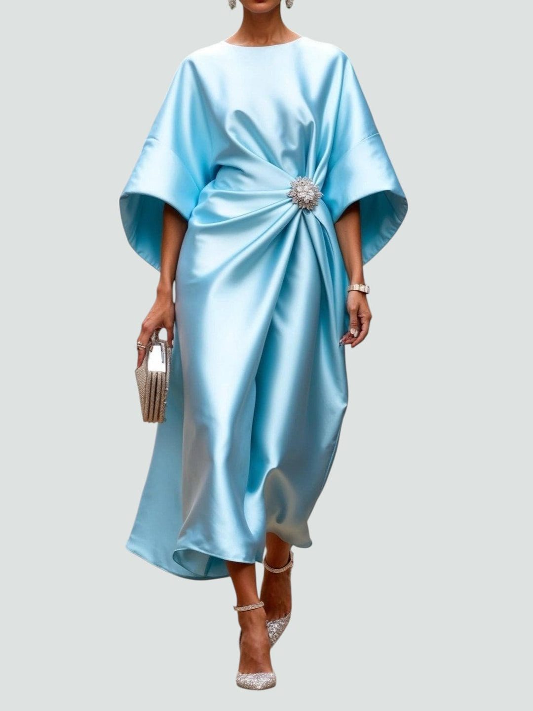 Arianne | Women's Elegant  Draped Satin Dress with Brooch Detail