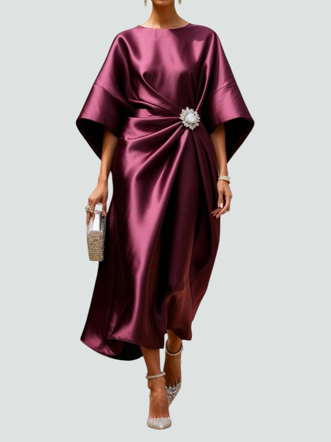 Arianne | Women's Elegant  Draped Satin Dress with Brooch Detail