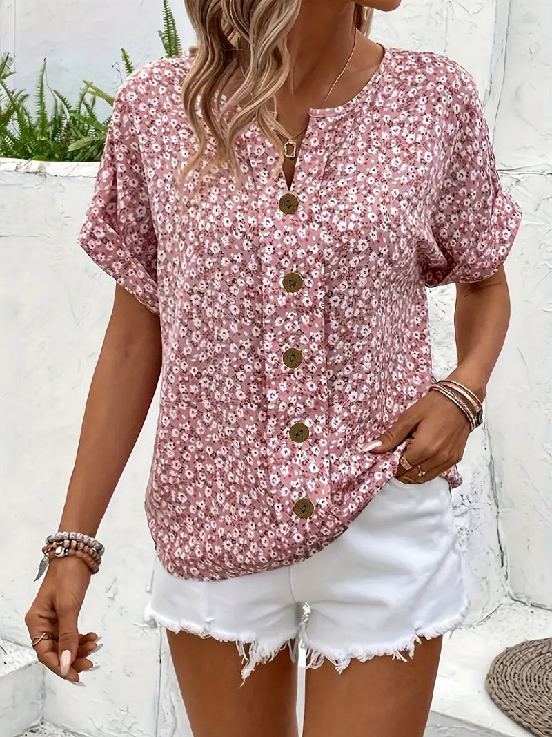 Fatima | Women's Floral Short Sleeve Blouse with Buttons
