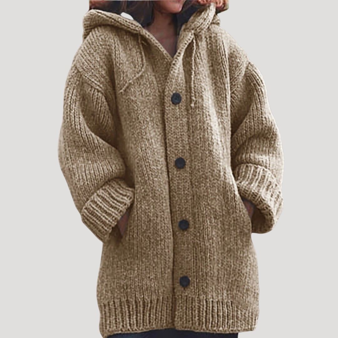 Catrine | Women’s Button Knit Wool Cardigan with Hood and Pockets