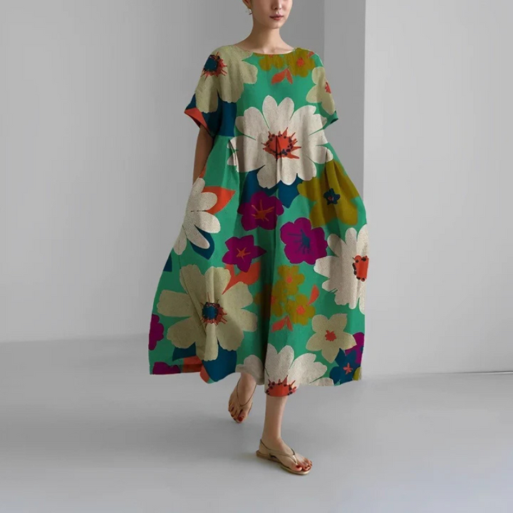 Briella | Women’s Oversize Flora Midi Dress with Short Sleeve