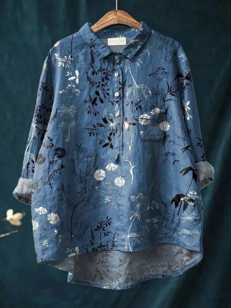 Linnea | Women's Lightweight Floral Blouse with Half Buttons and Collar