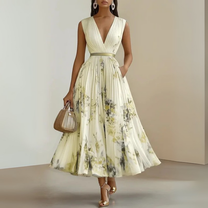 Aurelia | Women's Floral Print Sleeveless Maxi Dress with V-neck and Belt
