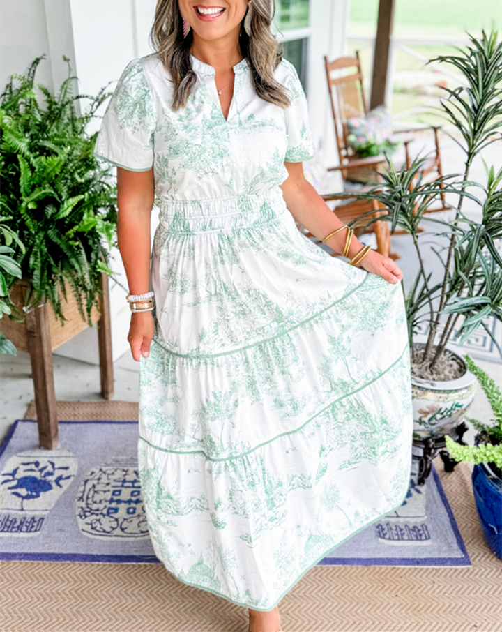 Toulise | Women's Toile Print Maxi Dress with Short Sleeve