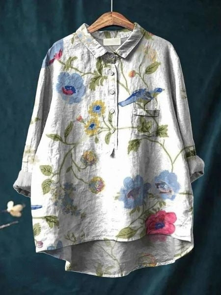 Linnea | Women's Lightweight Floral Blouse with Half Buttons and Collar