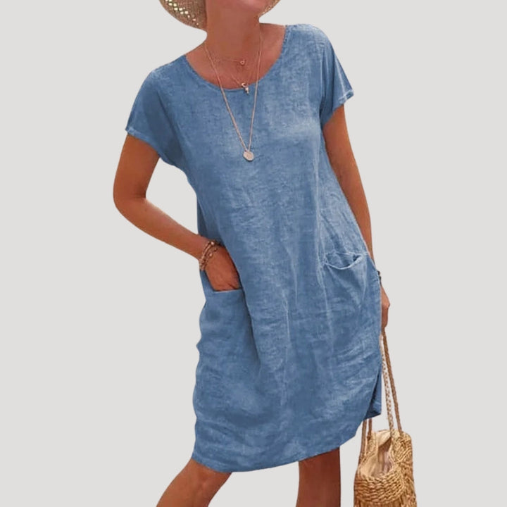 Anya | Women’s Linen Midi Summer Dress Short Sleeve and Pockets