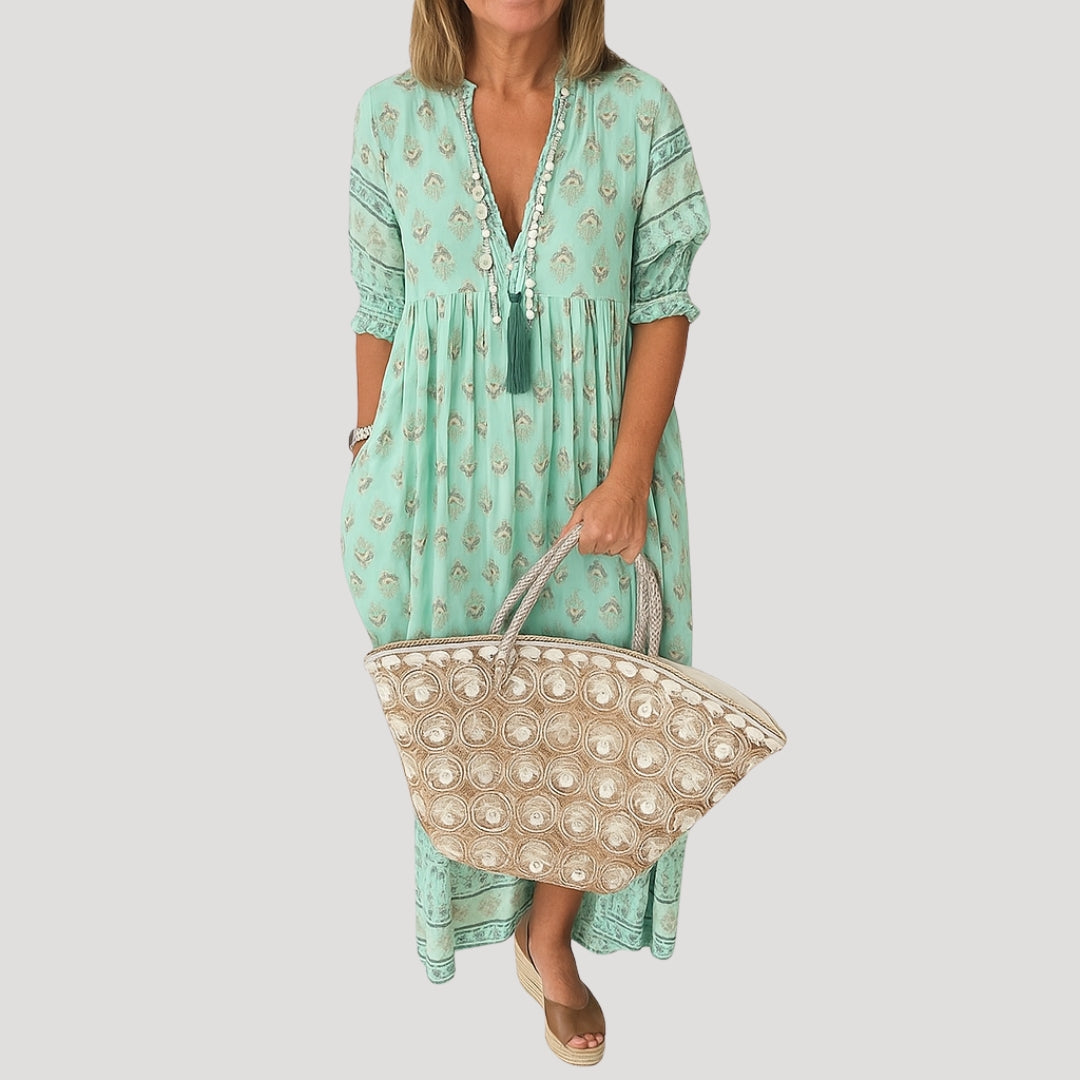 Alina | Women’s Boho Style Midi Dress with V-neck and Pockets