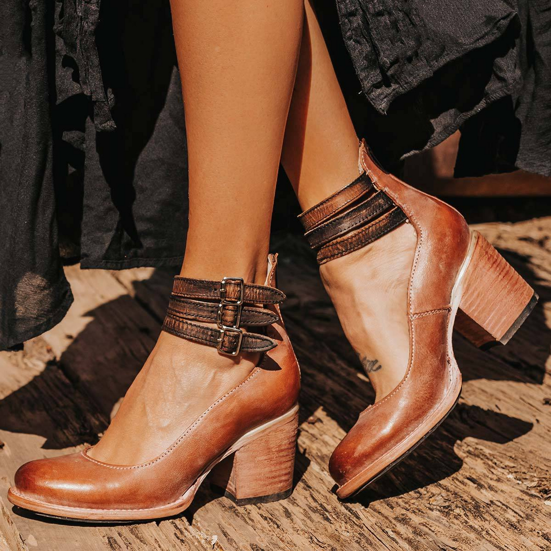 Cally | Women's Block Heel Leather Shoes with Three Strap Style