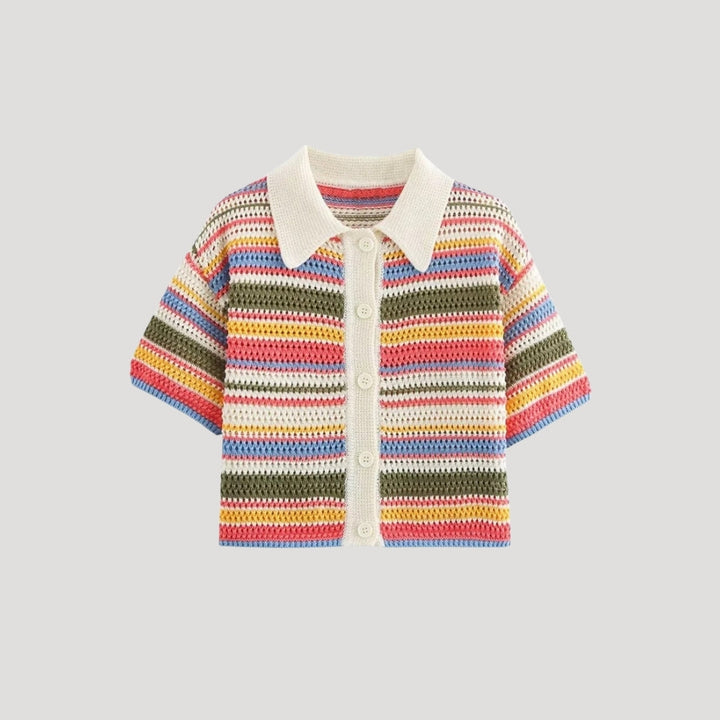 Solenne | Women’s Striped Crochet Knit Cardigan Short-Sleeve