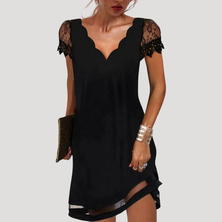 Lucinda | Women's Lace Sleeve Midi Dress with Scallop Hem