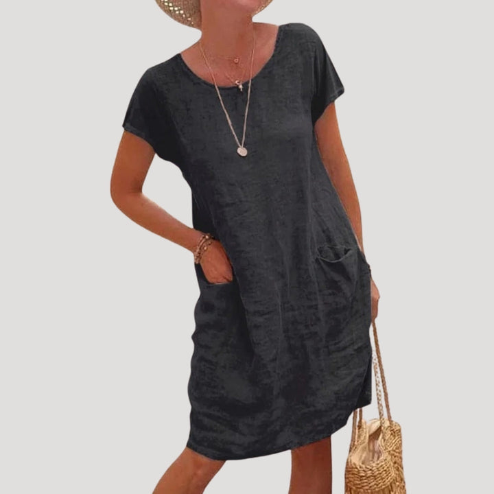 Anya | Women’s Linen Midi Summer Dress Short Sleeve and Pockets