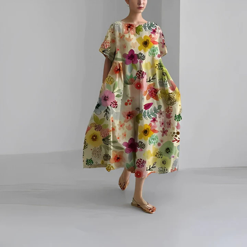 Briella | Women’s Oversize Flora Midi Dress with Short Sleeve