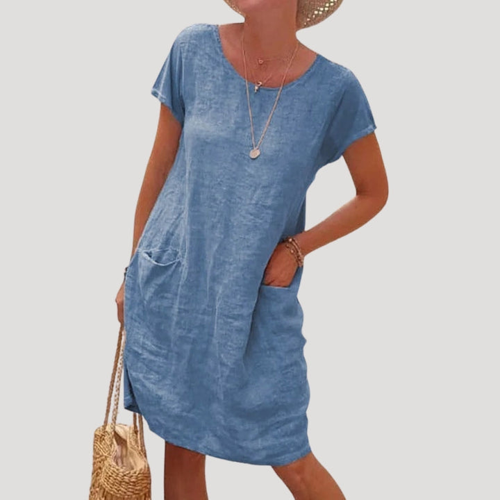Anya | Women’s Linen Midi Summer Dress Short Sleeve and Pockets