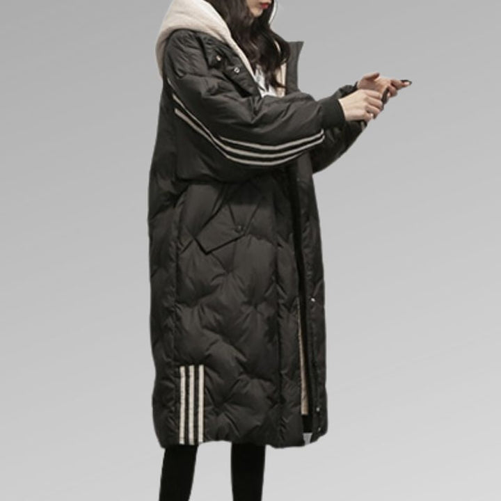 Daphnie | Women's Long Padded Winter Jacket with Hood and Striped Trim