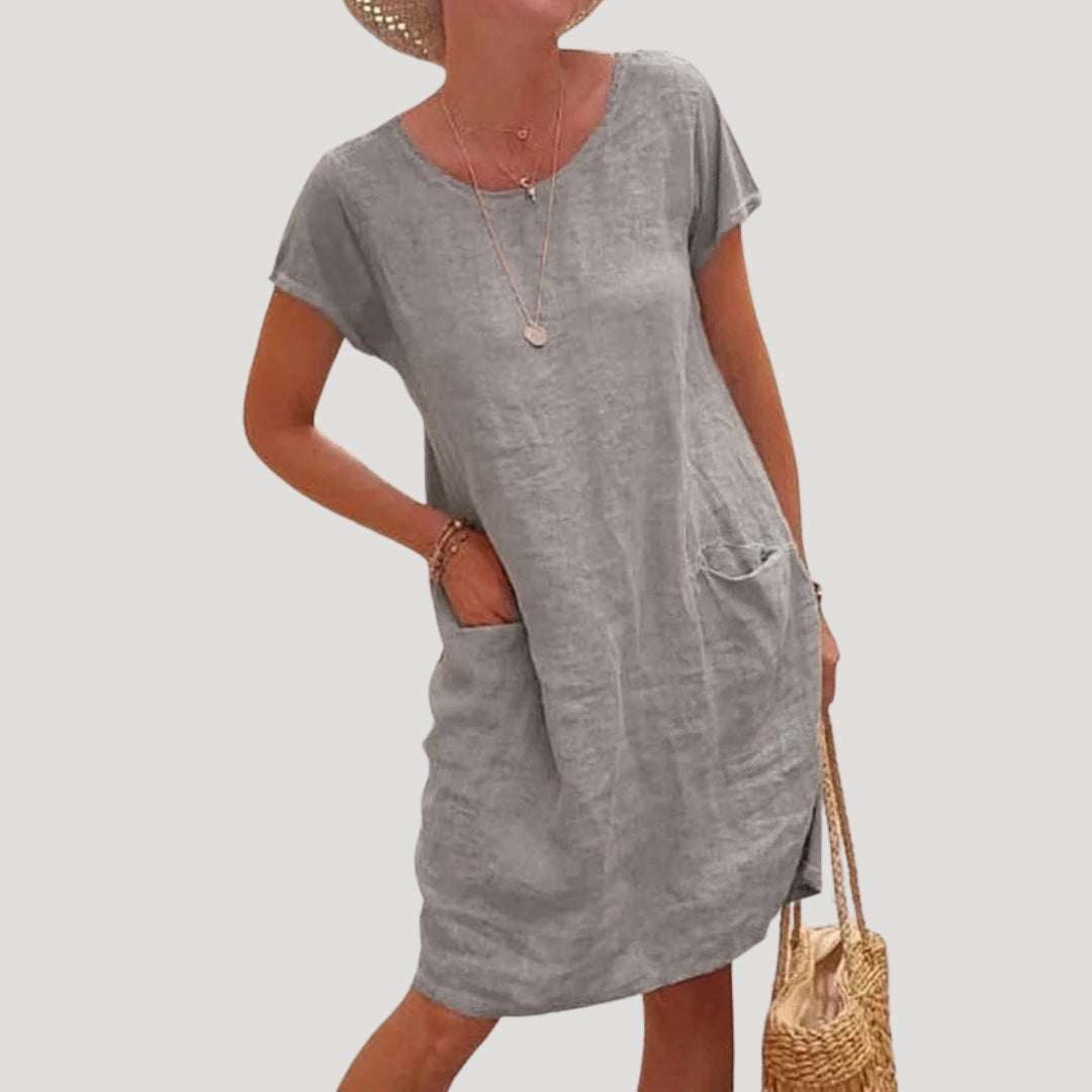 Anya | Women’s Linen Midi Summer Dress Short Sleeve and Pockets
