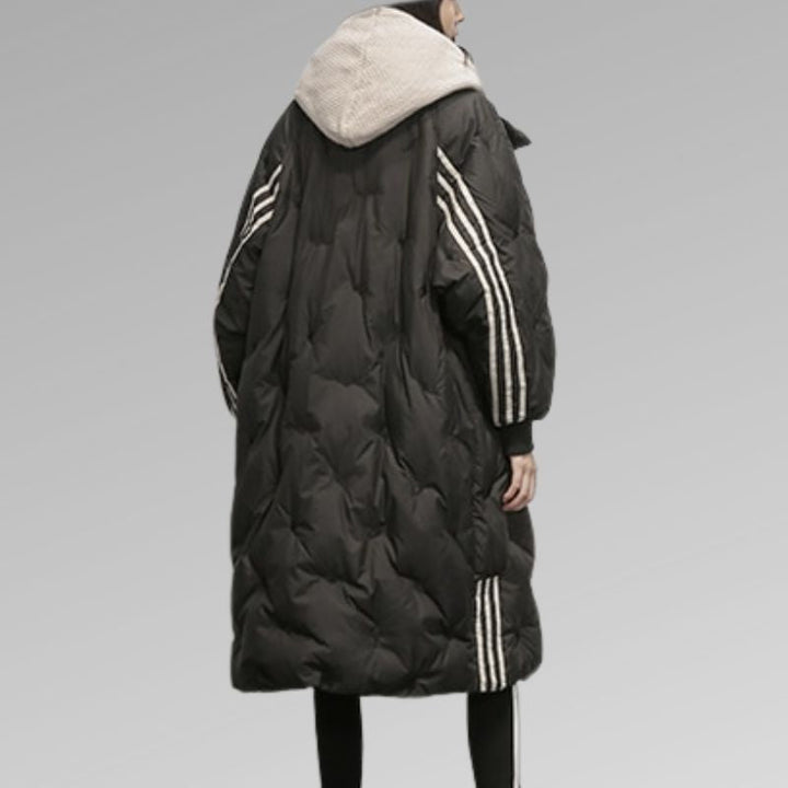 Daphnie | Women's Long Padded Winter Jacket with Hood and Striped Trim
