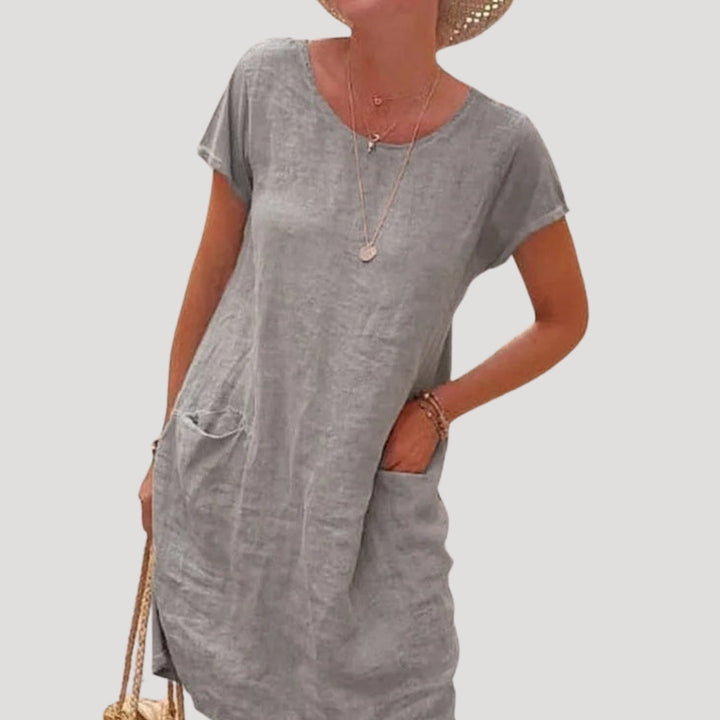 Anya | Women’s Linen Midi Summer Dress Short Sleeve and Pockets