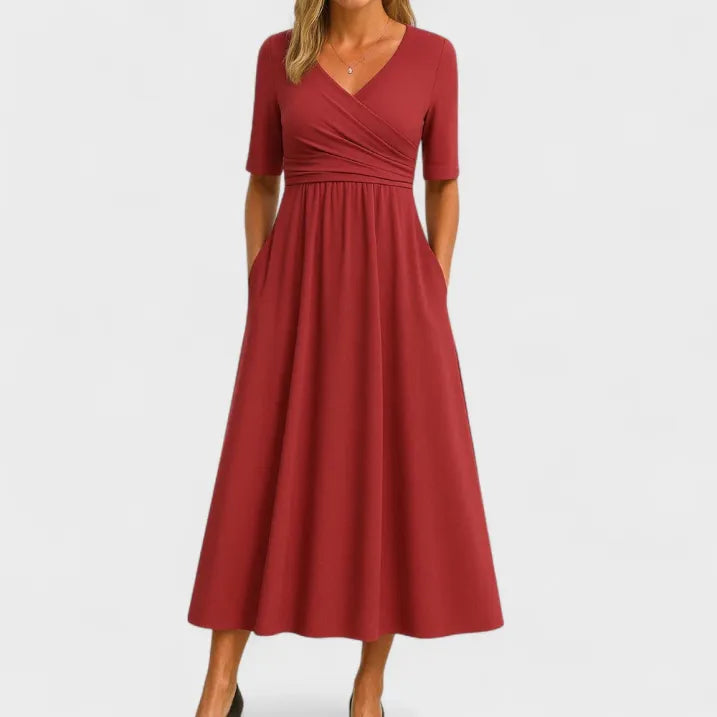 Jessica | Women’s Short Sleeves Midi Dress with V-neck and Pockets