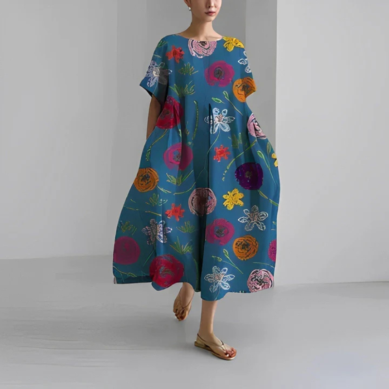 Briella | Women’s Oversize Flora Midi Dress with Short Sleeve