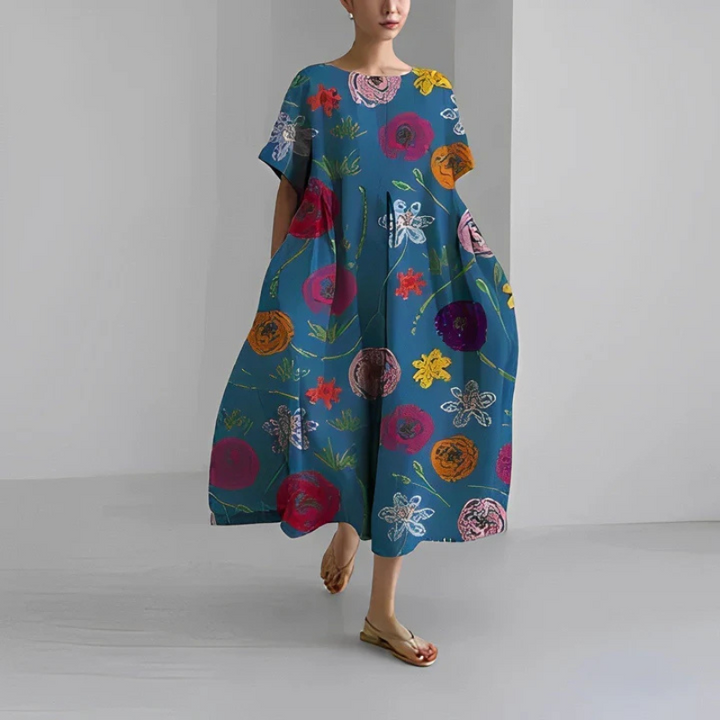 Briella | Women’s Oversize Flora Midi Dress with Short Sleeve