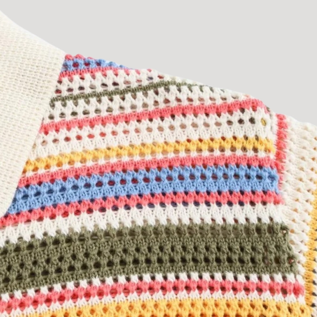 Solenne | Women’s Striped Crochet Knit Cardigan Short-Sleeve