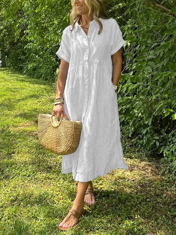 Brinley | Women's Striped Button Up Collar Dress with Pockets