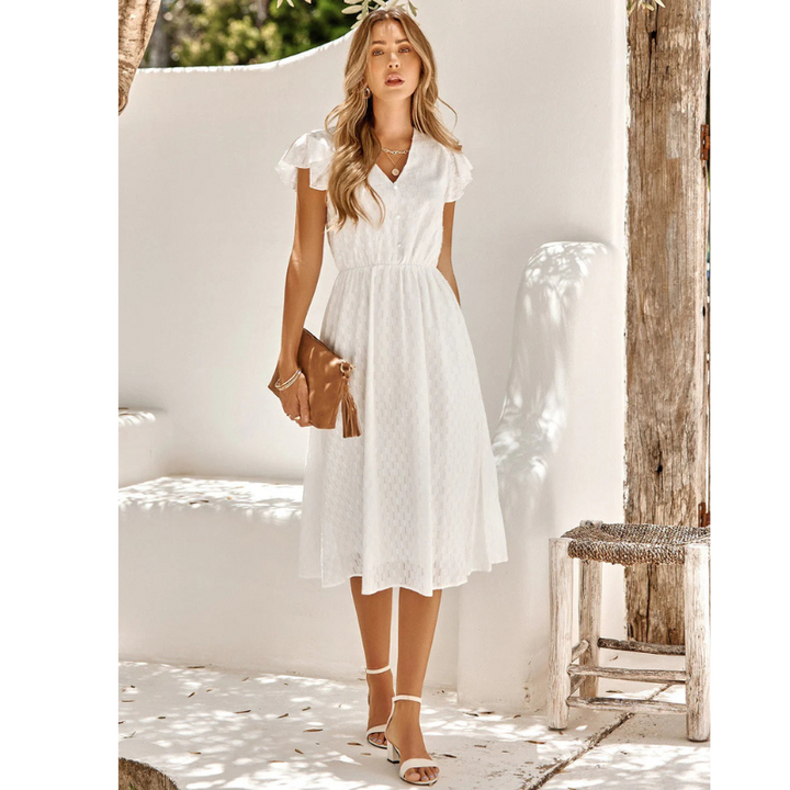 Roselle | Women’s Flutter Sleeve V-neck Midi Dress with Button Front