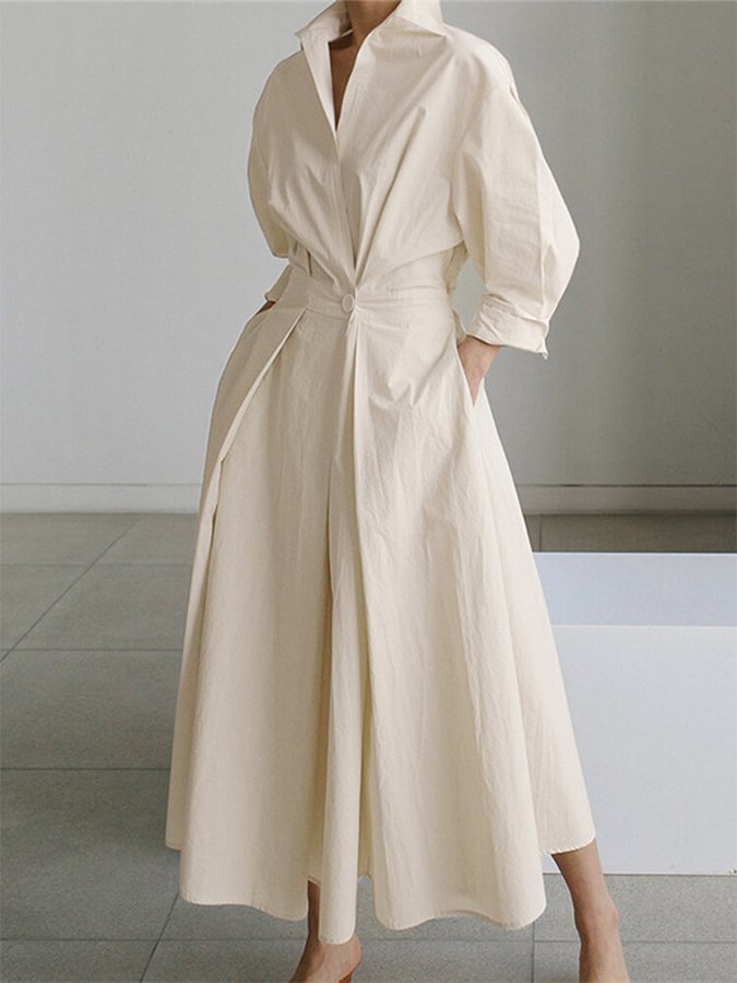 Elowra | Women's Elegant Long Sleeve Maxi Dress with One Button and Collar