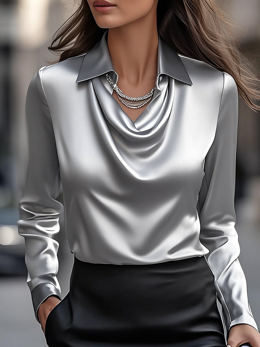 Richelle | Women’s Long Sleeve Satin Blouse with Collar