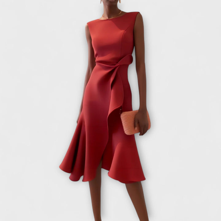 Sheila | Women’s Draped Asymmetric Sleeveless Midi Dress with Ruffle Detail