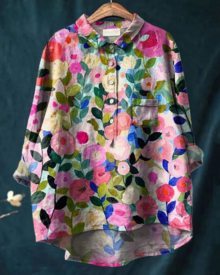 Linnea | Women's Lightweight Floral Blouse with Half Buttons and Collar