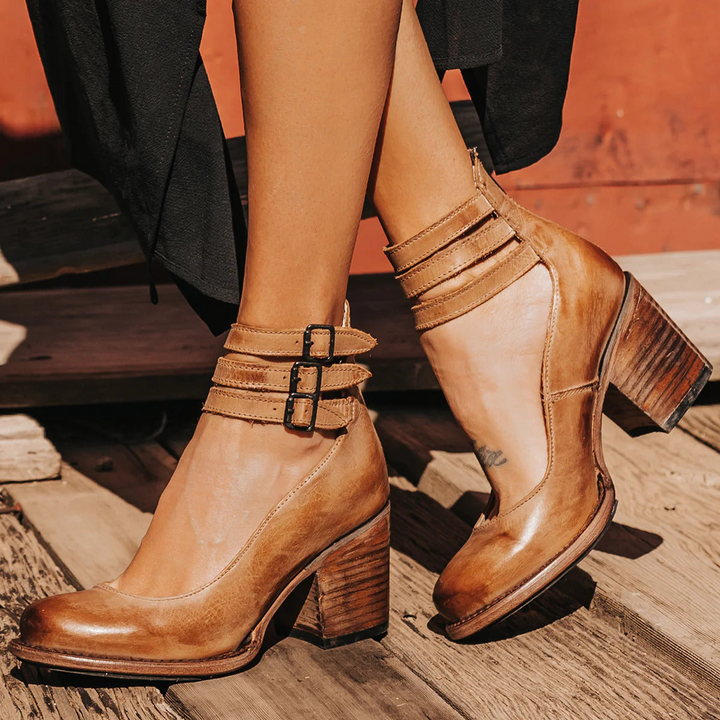 Cally | Women's Block Heel Leather Shoes with Three Strap Style