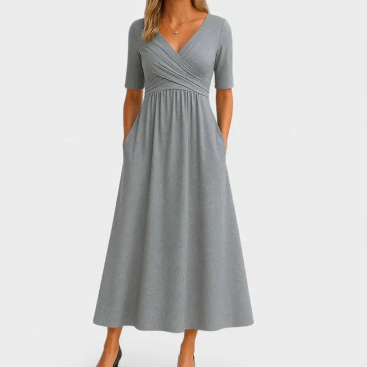 Jessica | Women’s Short Sleeves Midi Dress with V-neck and Pockets