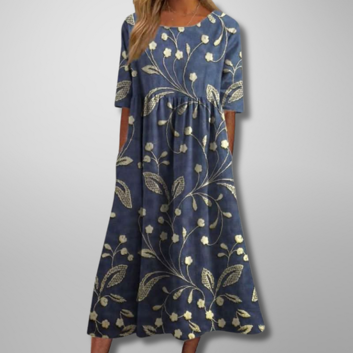 Liora | Women's Embroidered Floral Loose Fit Midi Dress