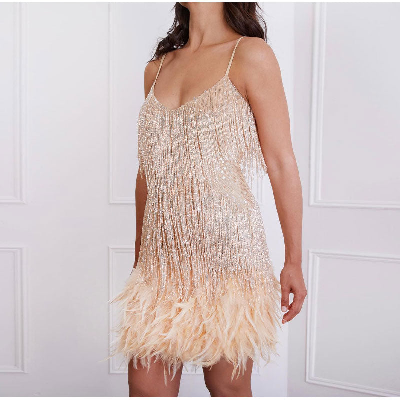 Sadira | Women’s Elegant Sequined Cocktail Dress with Feather Hem